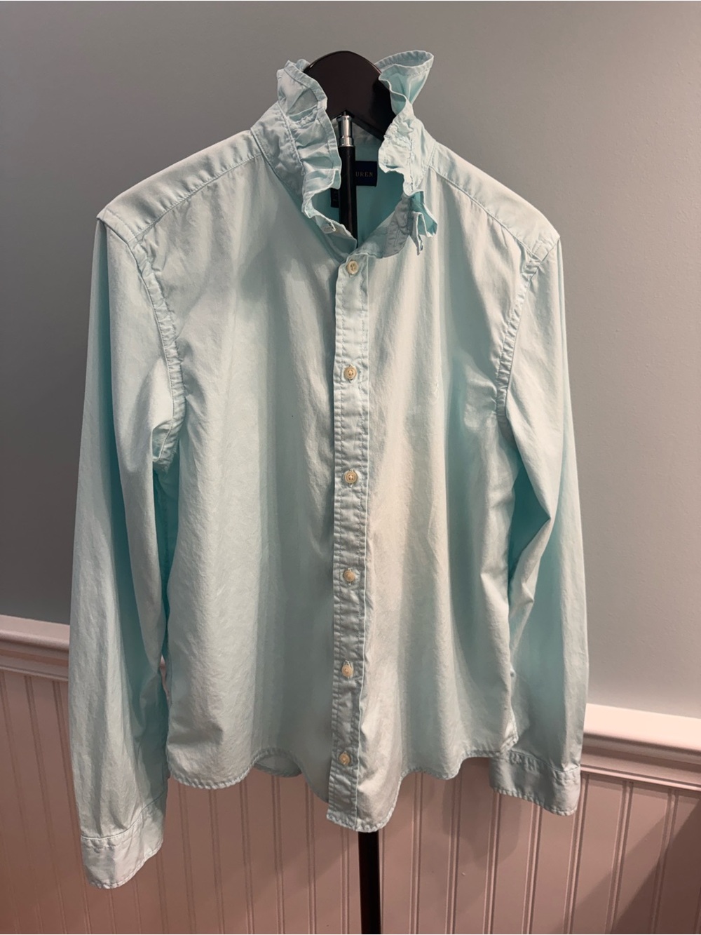 Reimagined Ralph Lauren, Light turquoiseButton ,Shirt with Ruffle Collar